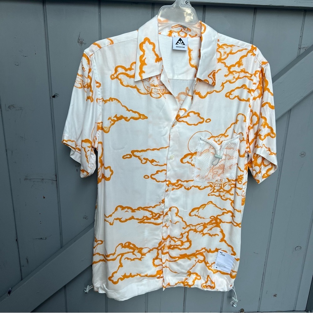 Wasted Collective Men's Casual Botton Down Short Sleeve White and Orange Shirt